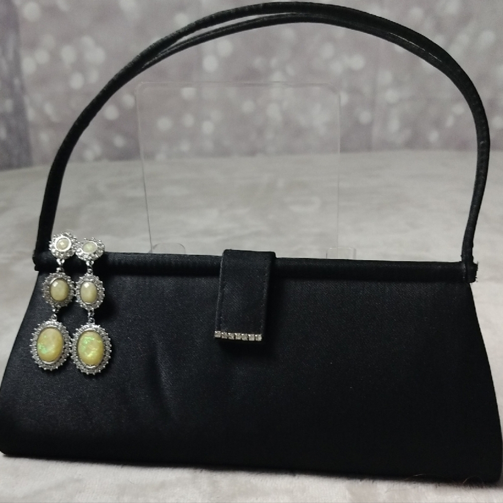 Elegant Black Satin Evening Clutch & Dangling Rhinestone Earings